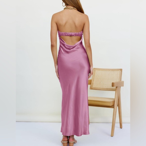 MEROKEETY Women Strapless Satin Tube Bodycon Backless Wedding Guest Maxi Dress - Picture 2 of 4